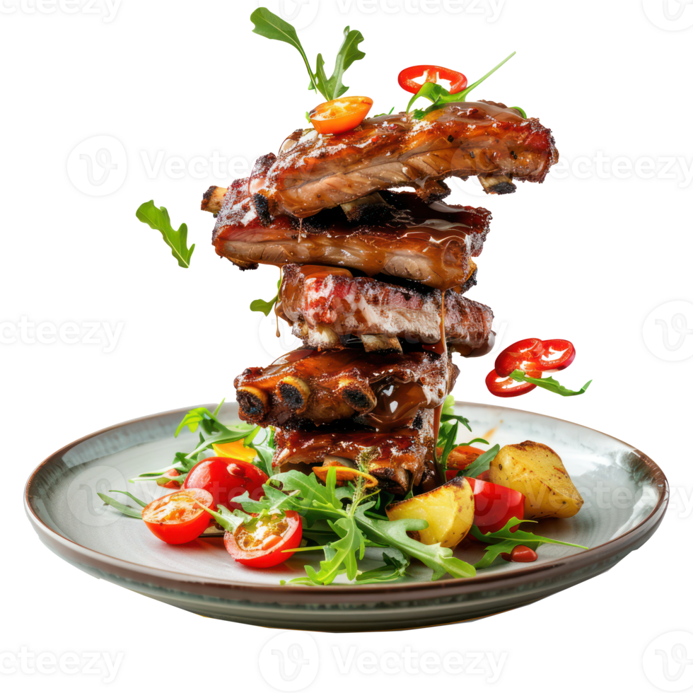 floated Stack of pork ribs with salad and potatoes falling into a plate isolate on transparency background png