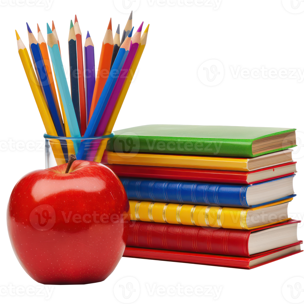 box of pencils and stack of books with red apple isolate on transparency background png