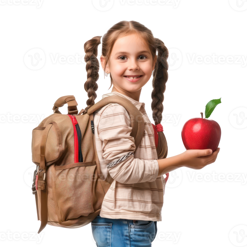 Happy girl with school backpack with red apple, standing isolate on transparency background png