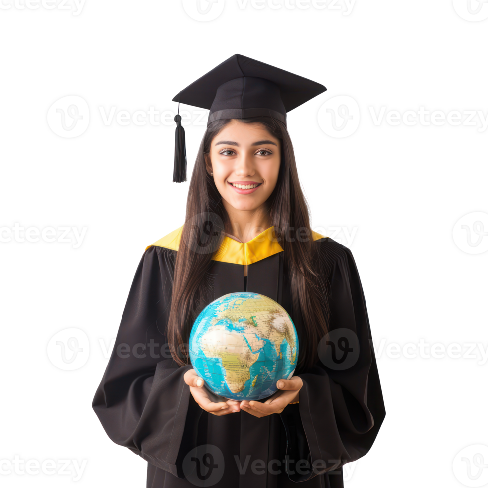 student in a graduation gown holding an earth globe in hand isolate on transparency background png
