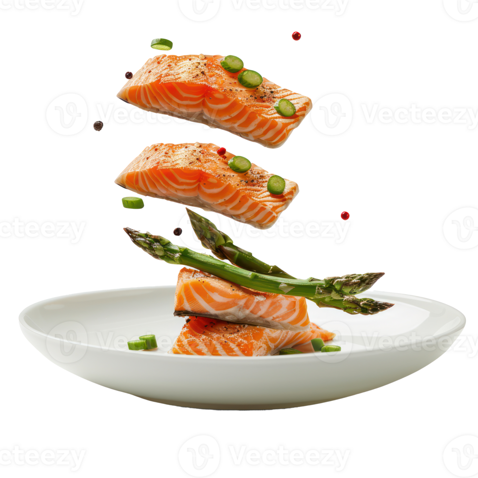 floated grilled salmon and asparagus falling into a plate isolate on transparency background png