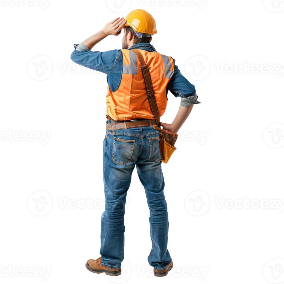 Back view of construction worker looking at something up, standing isolate on transparency background png