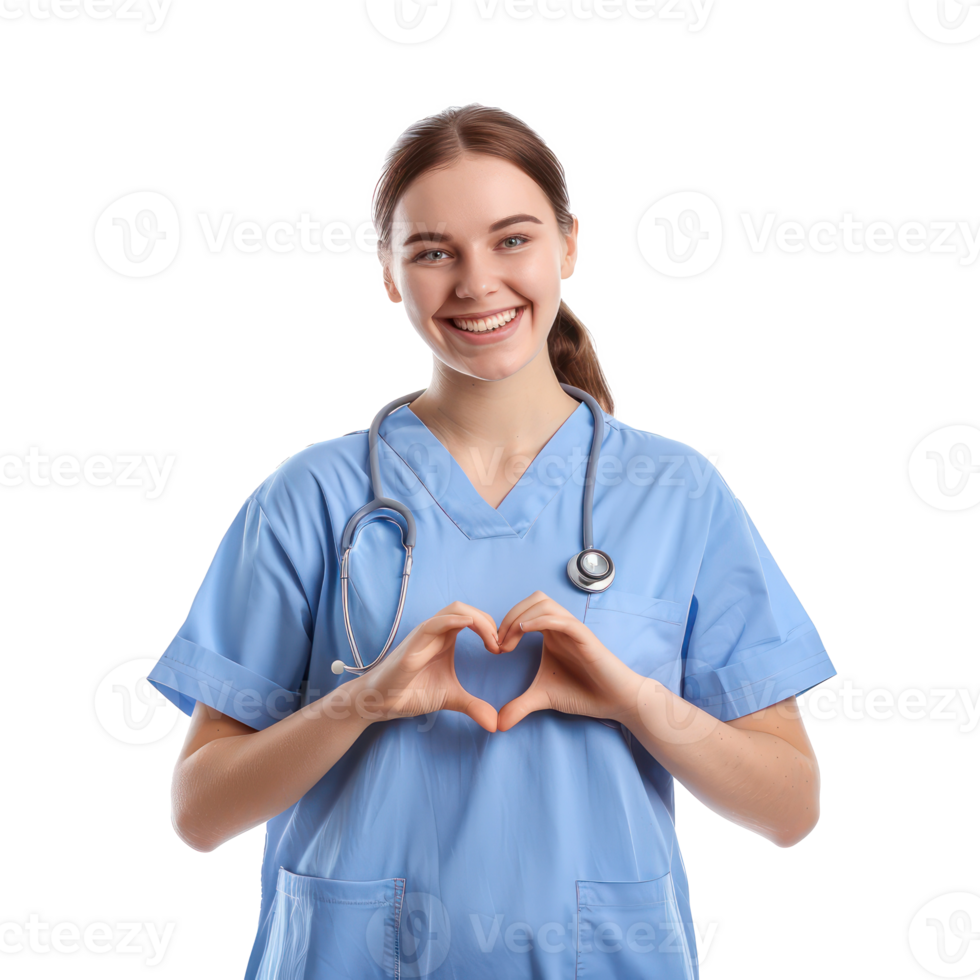 Smiling young female nurse making heart geture with hand, standing isolate on transparency background png
