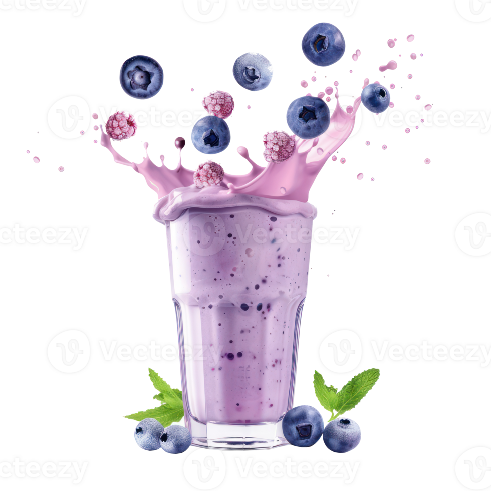 blueberry and blueberry milkshake smoothie falling into a glass isolate on transparency background png