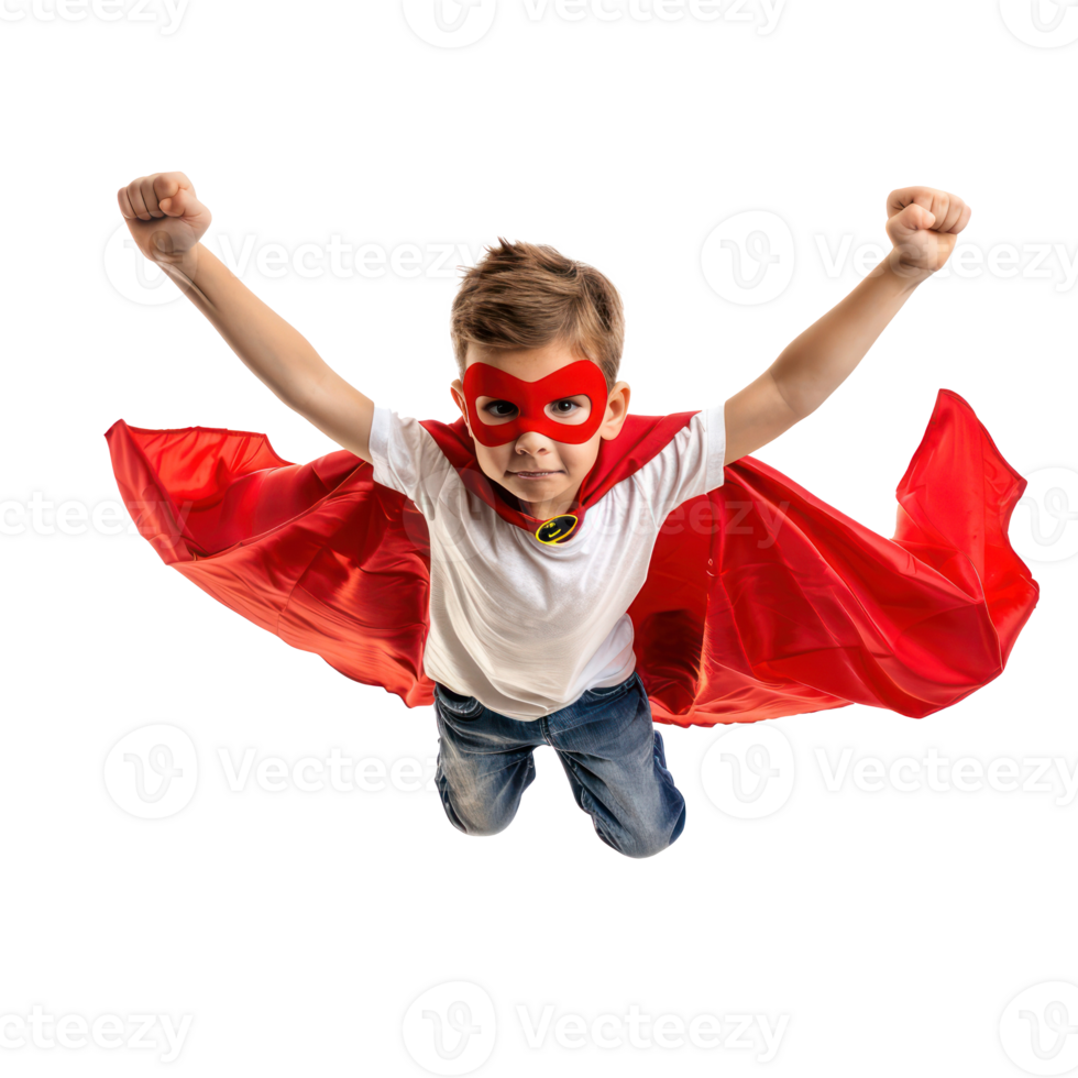 Little boy flying with superhero red cape and mask isolate on transparency background png