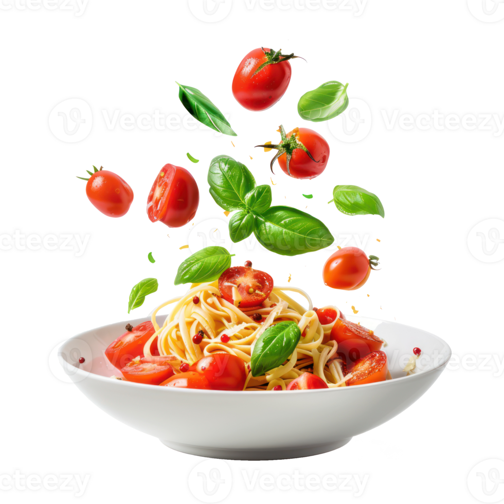 floated FPasta with tomatoes and basil falling into a plate isolate on transparency background png