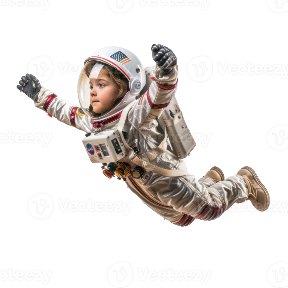 little girl in astronaut suit floating in the air isolate on transparency background png