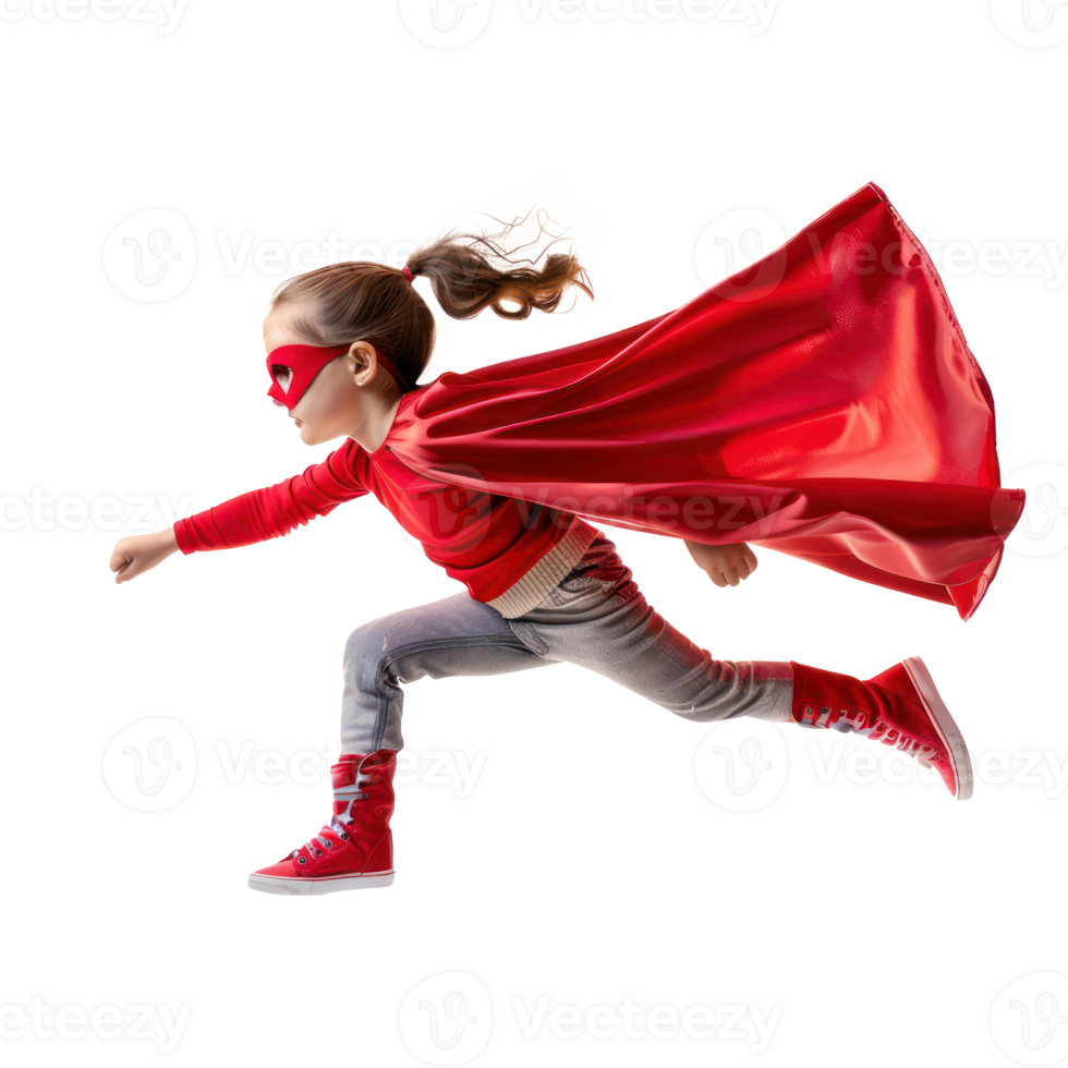 Little girl flying with superhero red cape and mask isolate on transparency background png