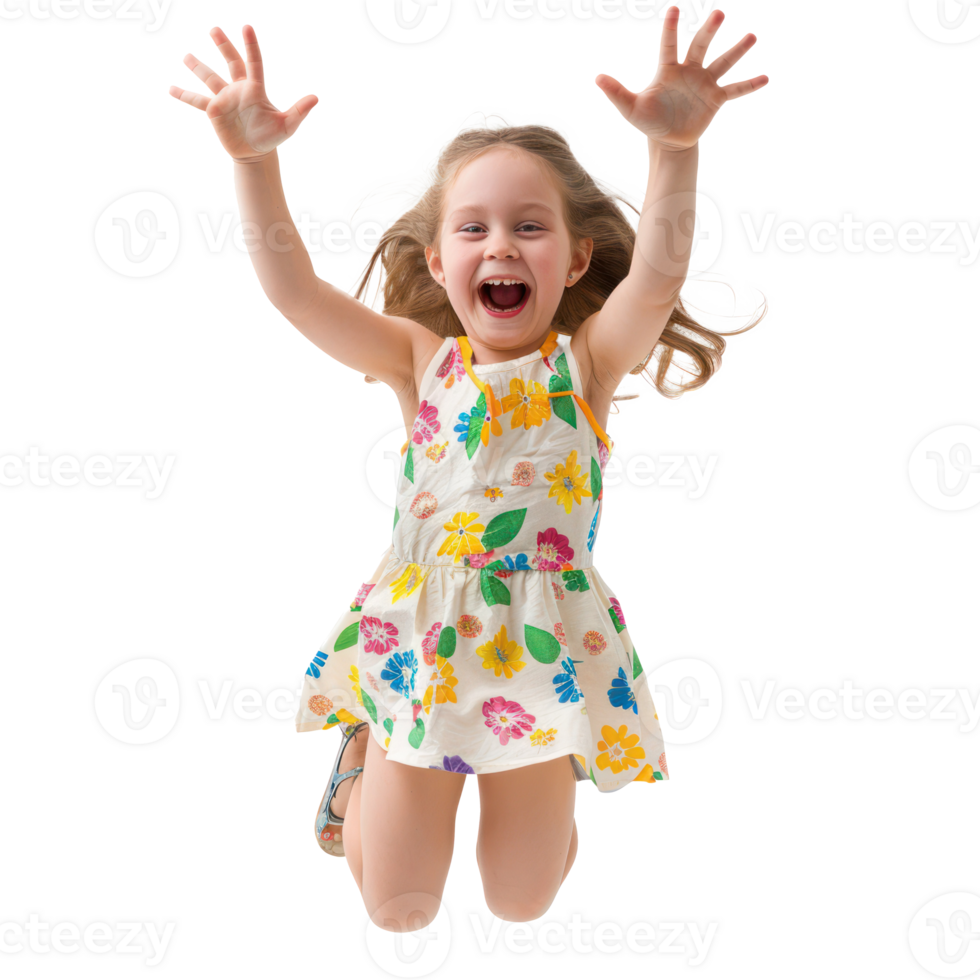 Floated overjoyed little girl jumping and gesturing happiness isolate on transparency background png