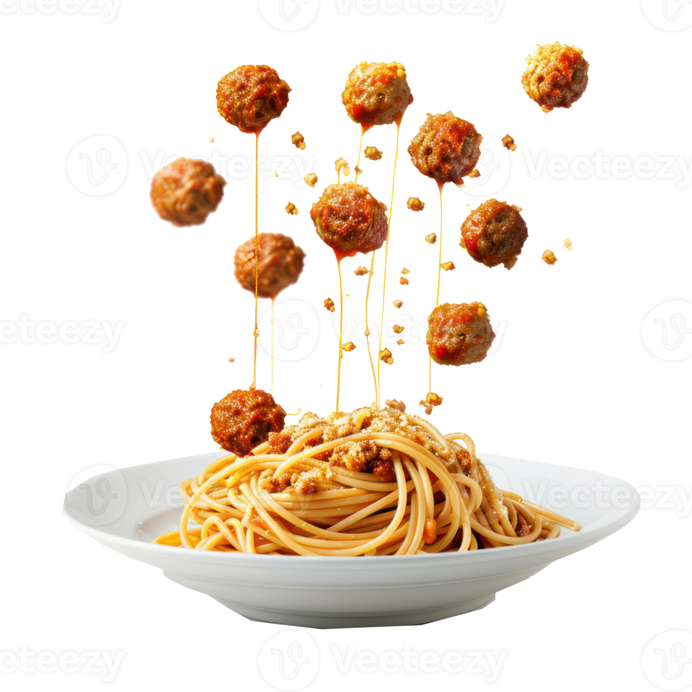 floated Spaghetti pasta with meatballs falling into a plate isolate on transparency background png
