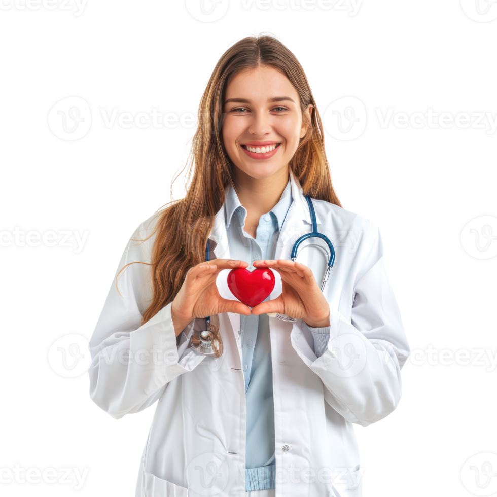 Smiling young female doctor making heart geture with hand, standing isolate on transparency background png