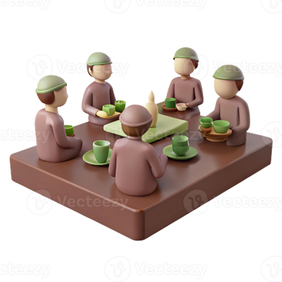 3D Illustration of People Gathering Around a Table with Cups of Tea png