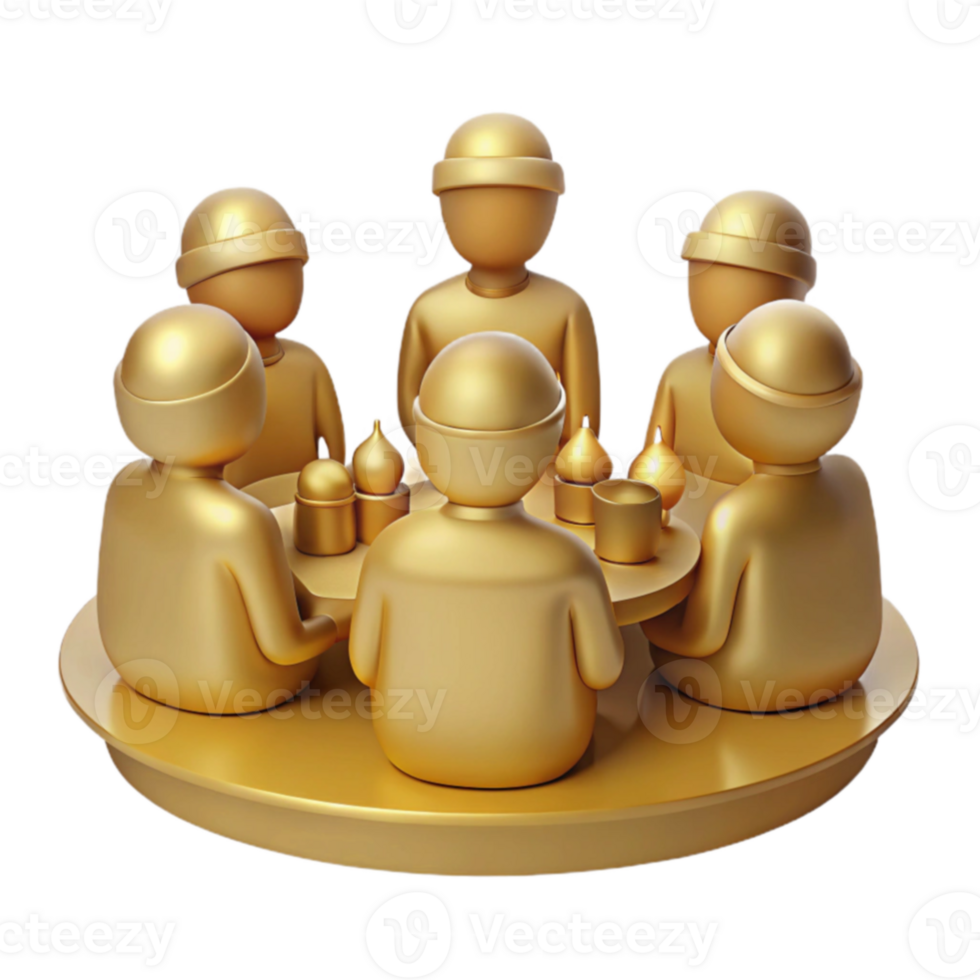 Golden Figures Gather Around Table png