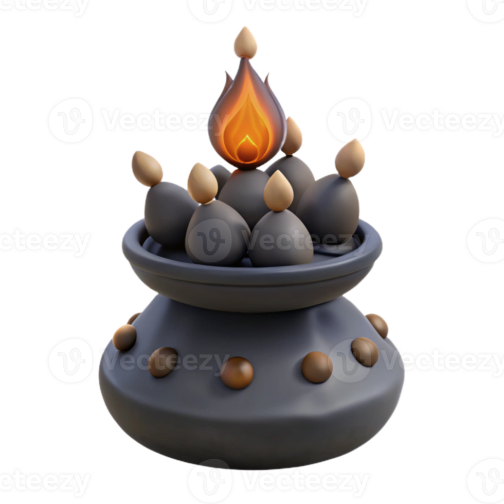 3D Render of a Clay Pot with a Flame Atop a Layer of Eggs png