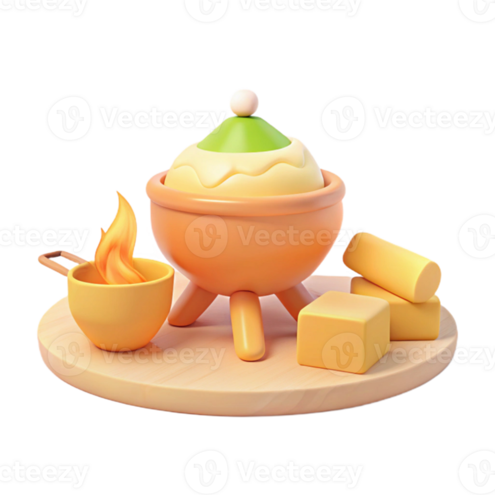 3D Render of a Pot with a Green Lid and a Flame on a Wooden Cutting Board with Butter png