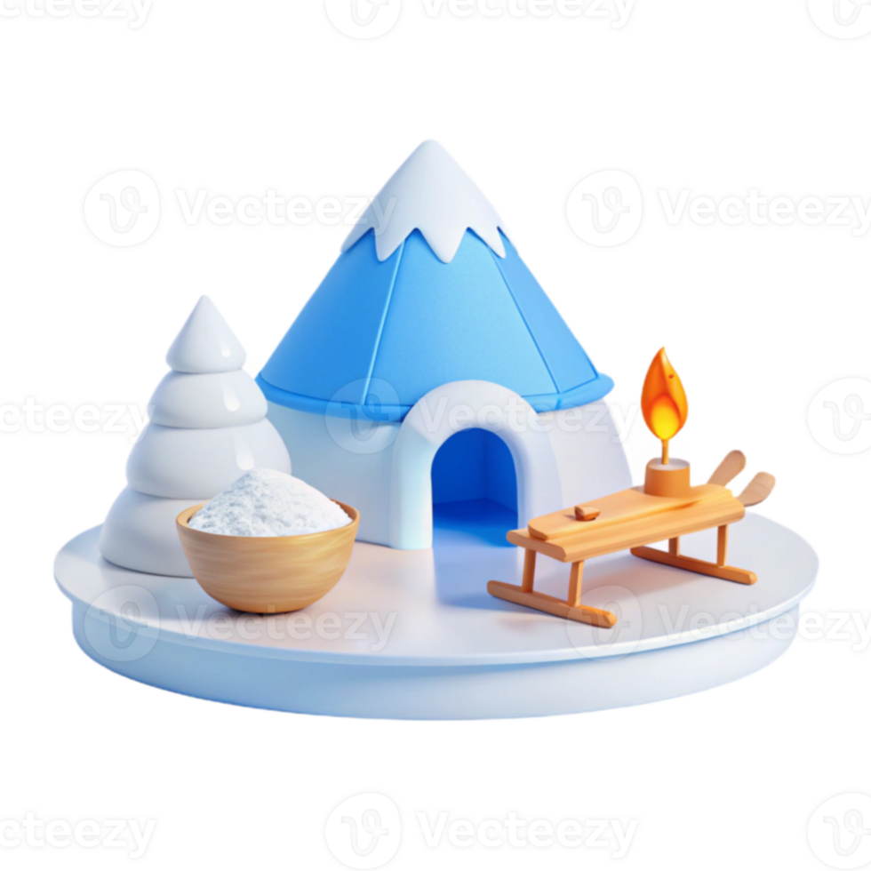 Winter Wonderland 3D Model Cozy Igloo with Snowy Tree and Campfire png