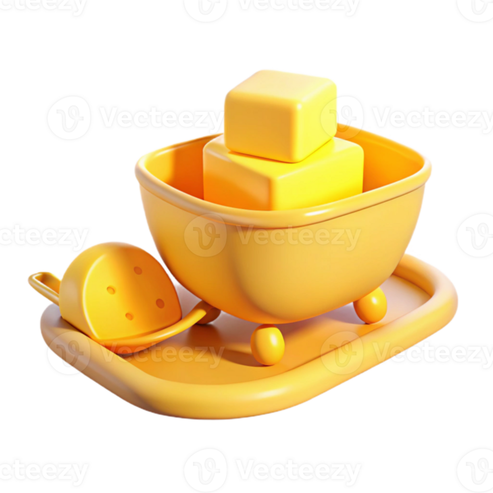 Yellow 3D Render of a Toy Wheelbarrow with Cubes png