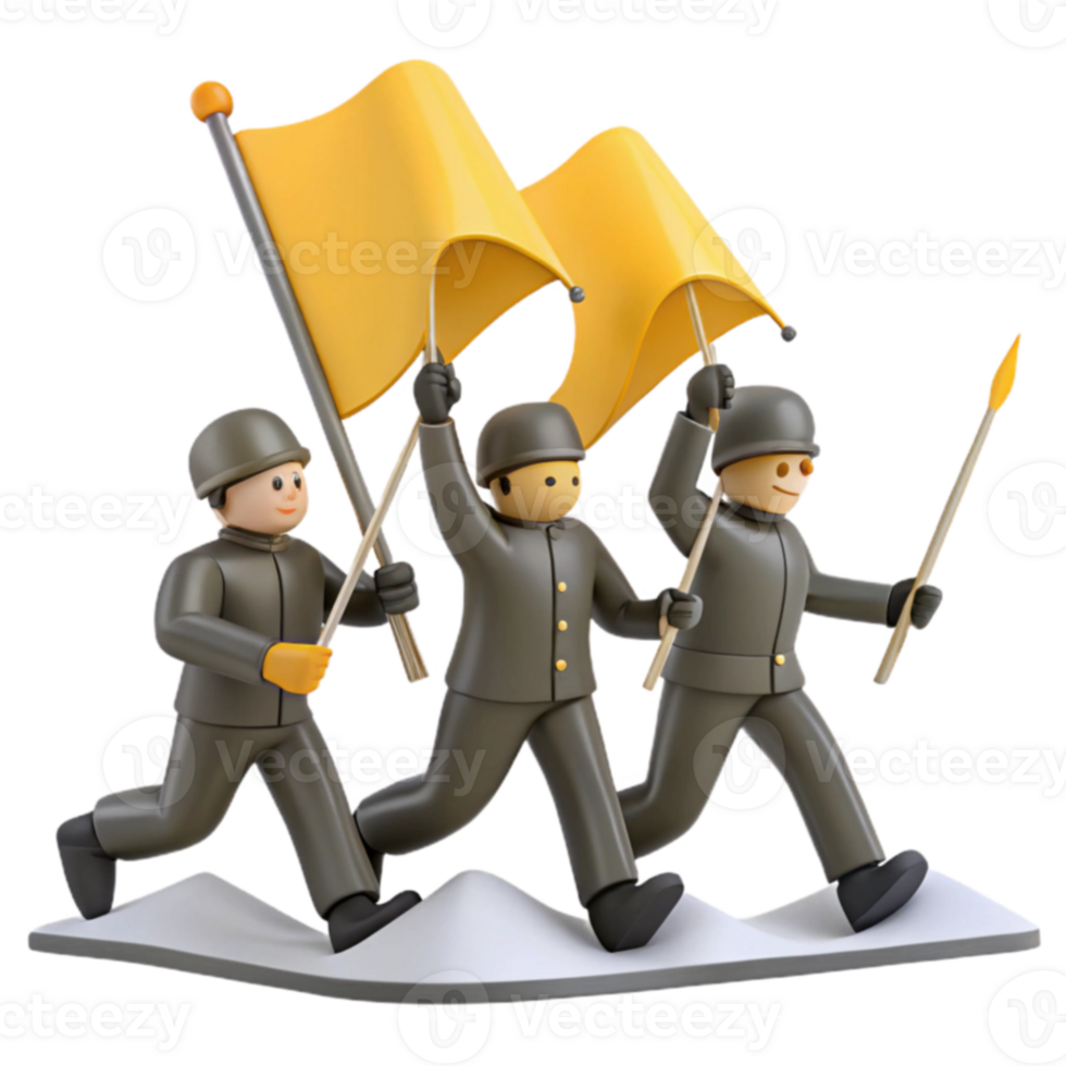 Three Toy Soldiers Marching with Yellow Flags png