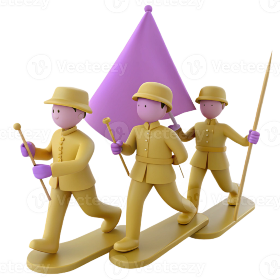Three Cartoon Soldiers Marching with a Purple Flag png