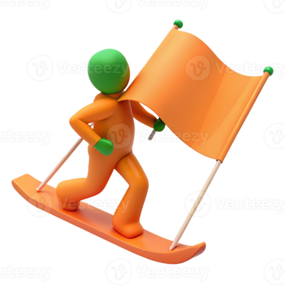 3D Illustration of a Figure Holding a Flag and Skiing png