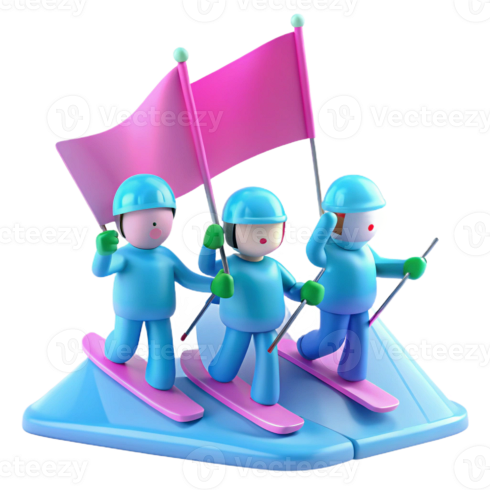 Three 3D Characters Skiing Down a Hill With Pink Flags png
