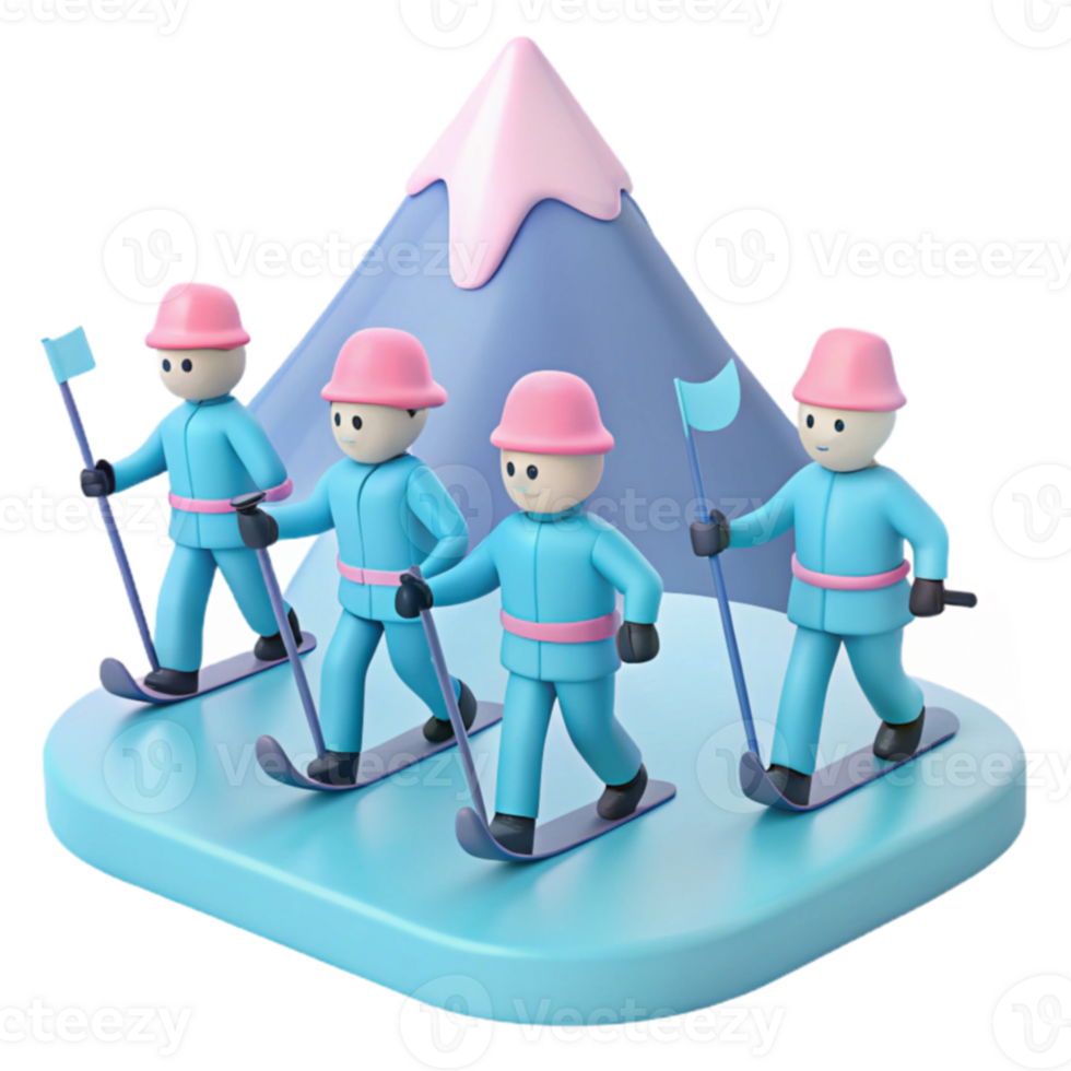Team of Cartoon Characters Skiing Down a Mountain png