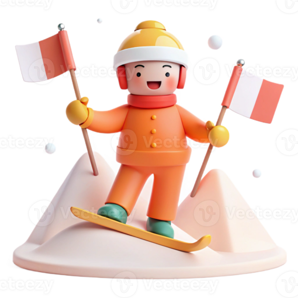 Smiling Cartoon Character Skiing Down a Mountain png