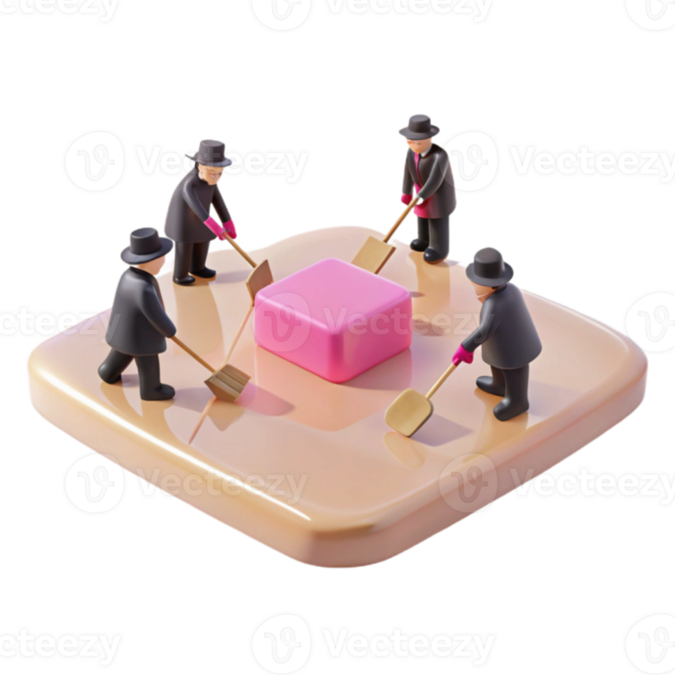 Four Miniature Figures Cleaning Around a Pink Cube png