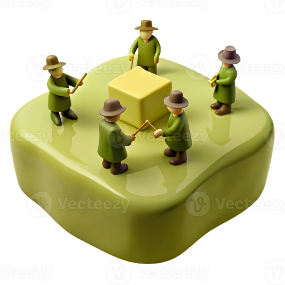 Four Figures Surrounding a Cube on a Platform png