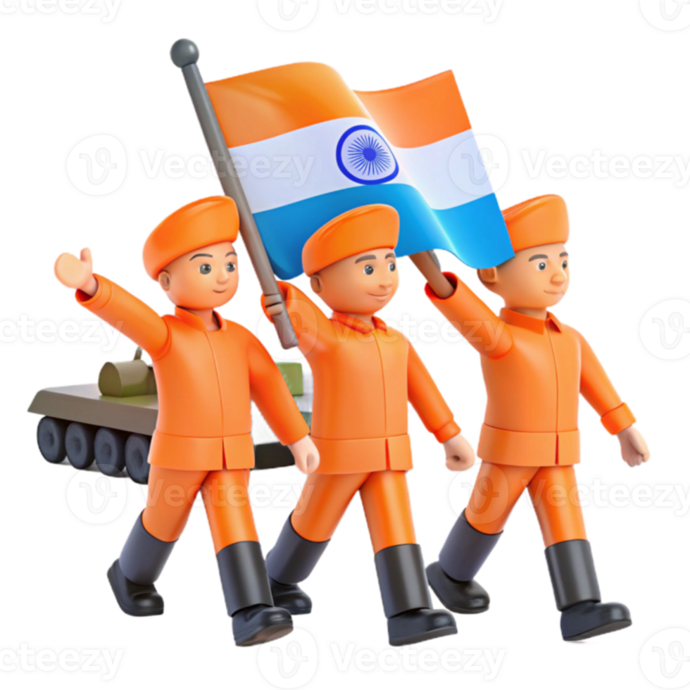 Three Cartoon Soldiers Marching with Flag and Tank png