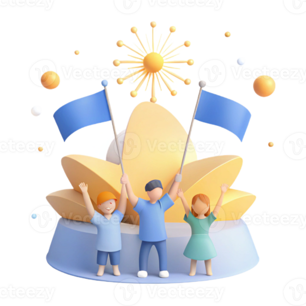 Celebrating Together Three Cartoon Characters Raising Flags Under a Festive Burst png