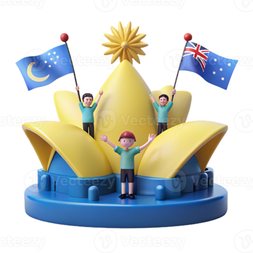 3D Illustration of Cartoon Characters Celebrating with Flags on a Building png