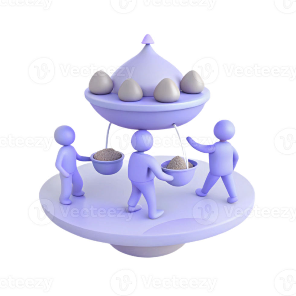 3D Render of Purple Figures Collecting Sand from a Spinning UFO png
