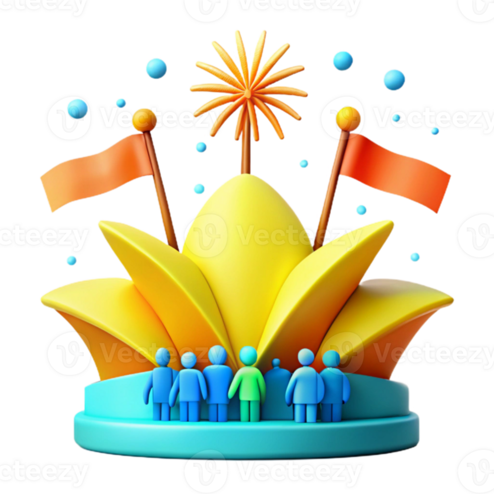 3D Render of a Festive Stage with People and Flags png