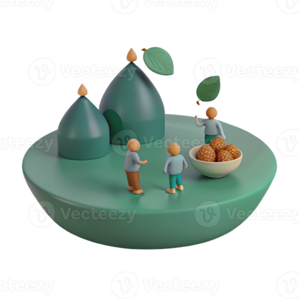 3D Rendered Scene with Miniature Figures, Domes, and Fruits png