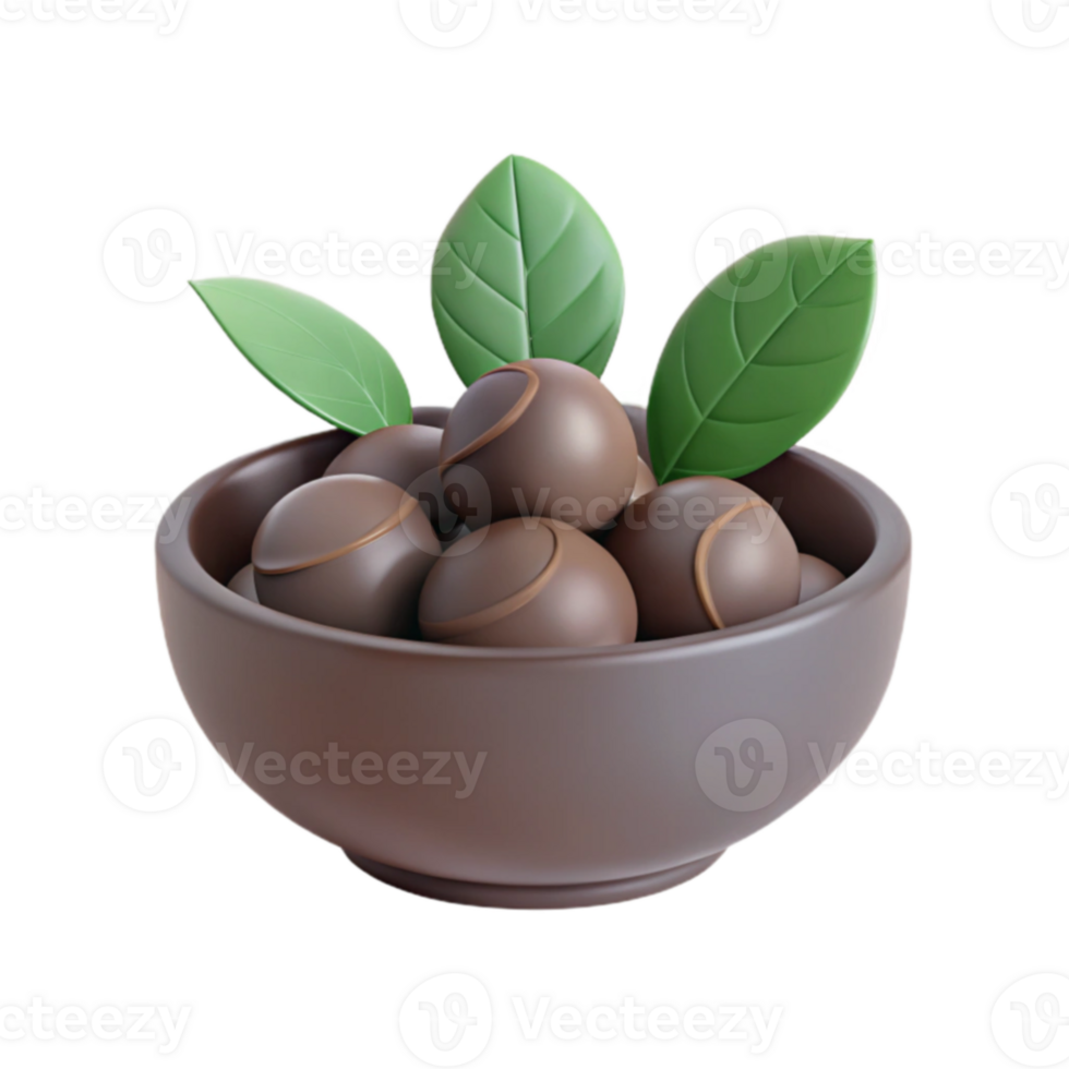 Chocolate Covered Nuts in a Bowl with Green Leaves png