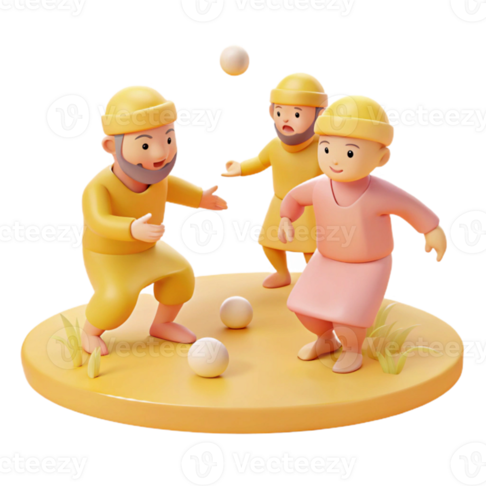 3D Cartoon Characters Playing Catch with a Yellow Ball png