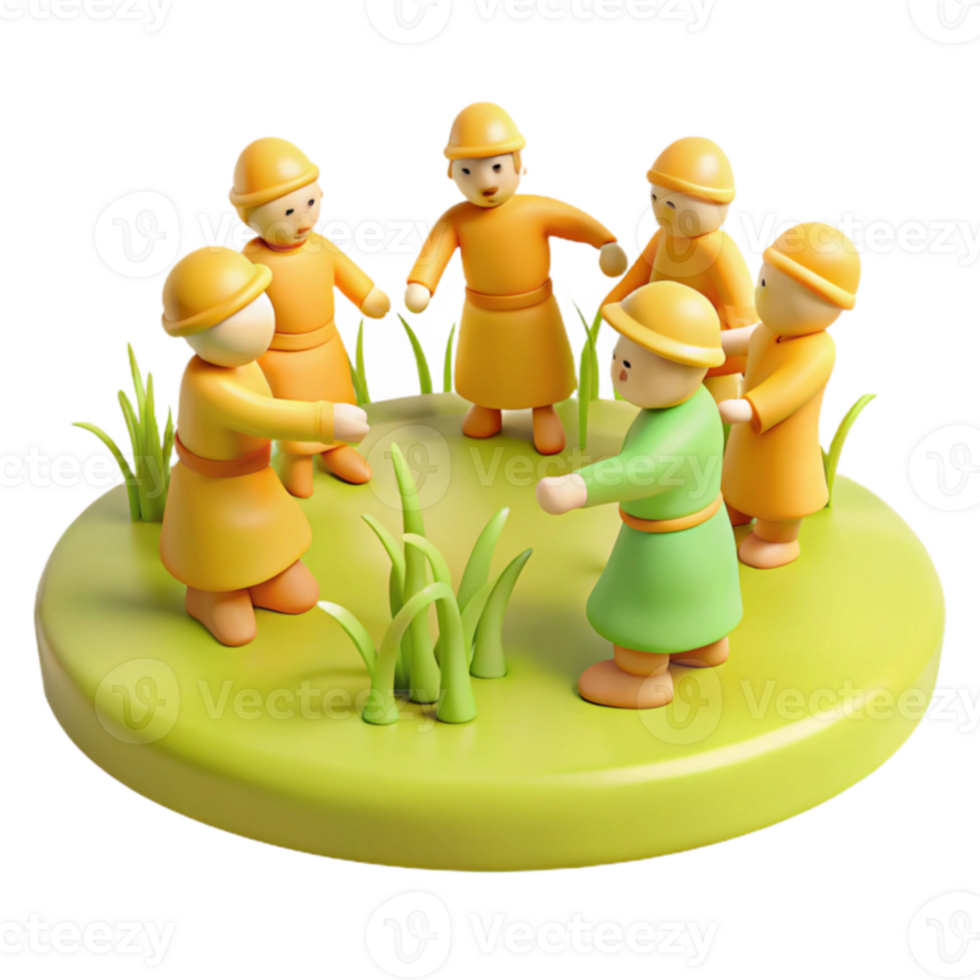 3D Illustration of Cartoon Characters in a Circle on a Green Grass Field png