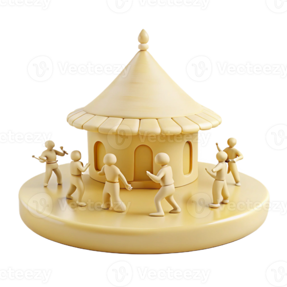 3D Illustration of People Dancing Around a Small Hut png