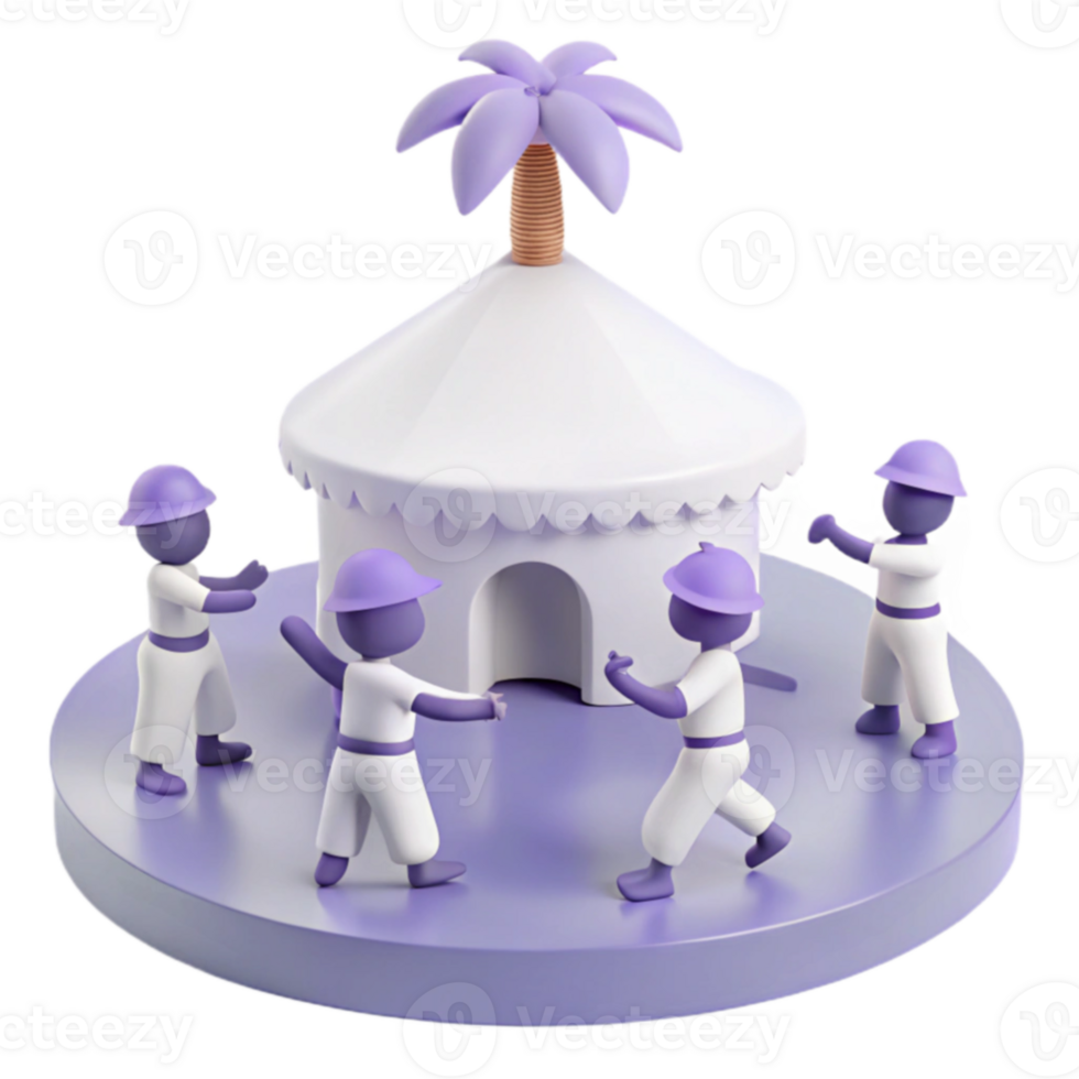 3D Render of Four Cartoon Figures Dancing Around a Tent with a Palm Tree png