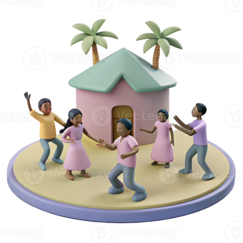 3D Render of Cartoon Characters Dancing Around a House png