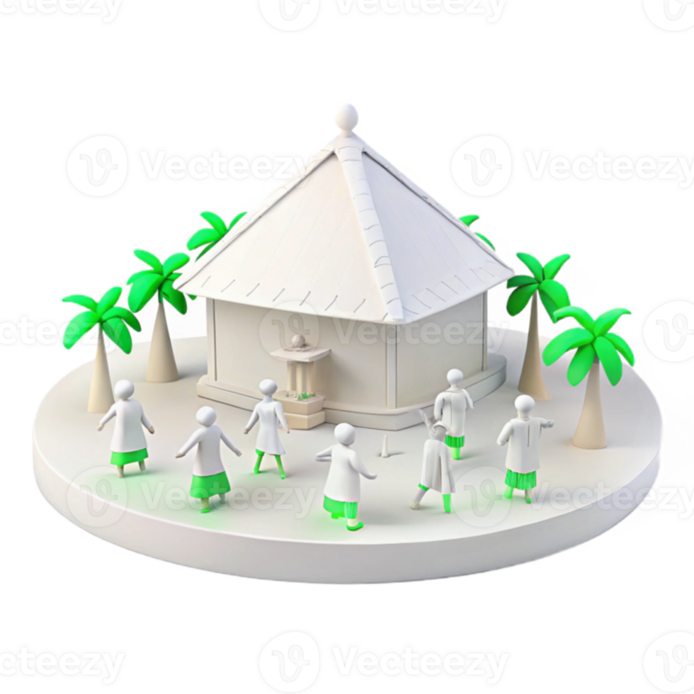 3D Render of People Walking Towards a Small Building With Palm Trees png