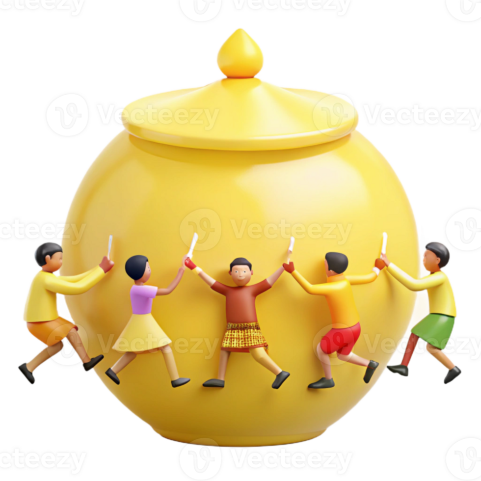 Colorful Characters Holding On to a Large Yellow Pot png