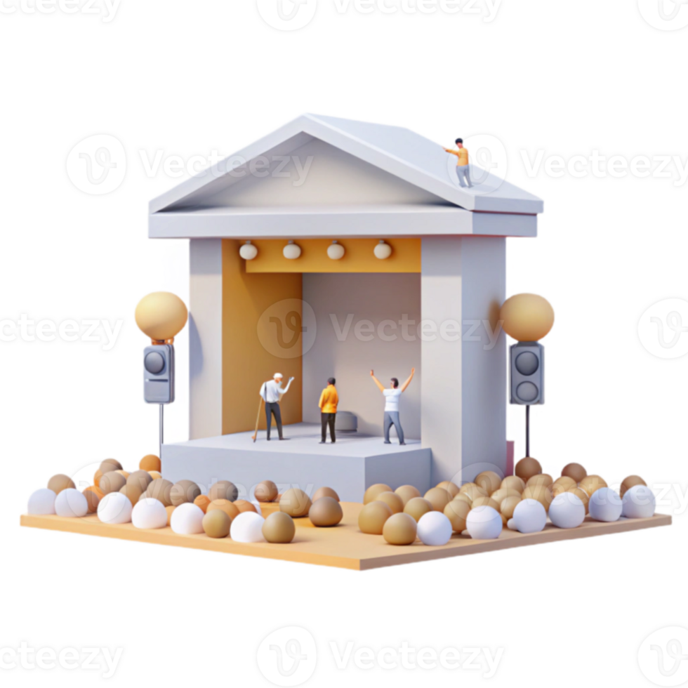 3D Render of Tiny Figures Performing on a Stage with Egg Audience png