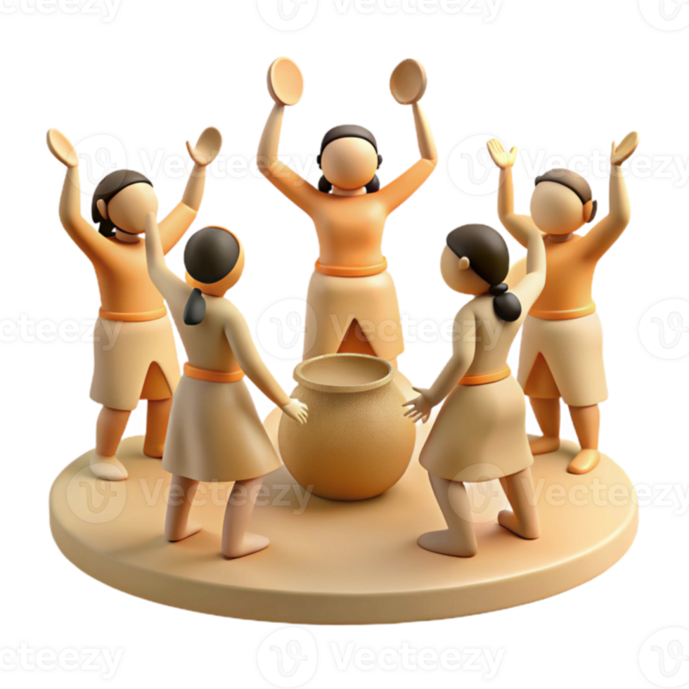 Group of 3D Characters Dancing Around a Pot png