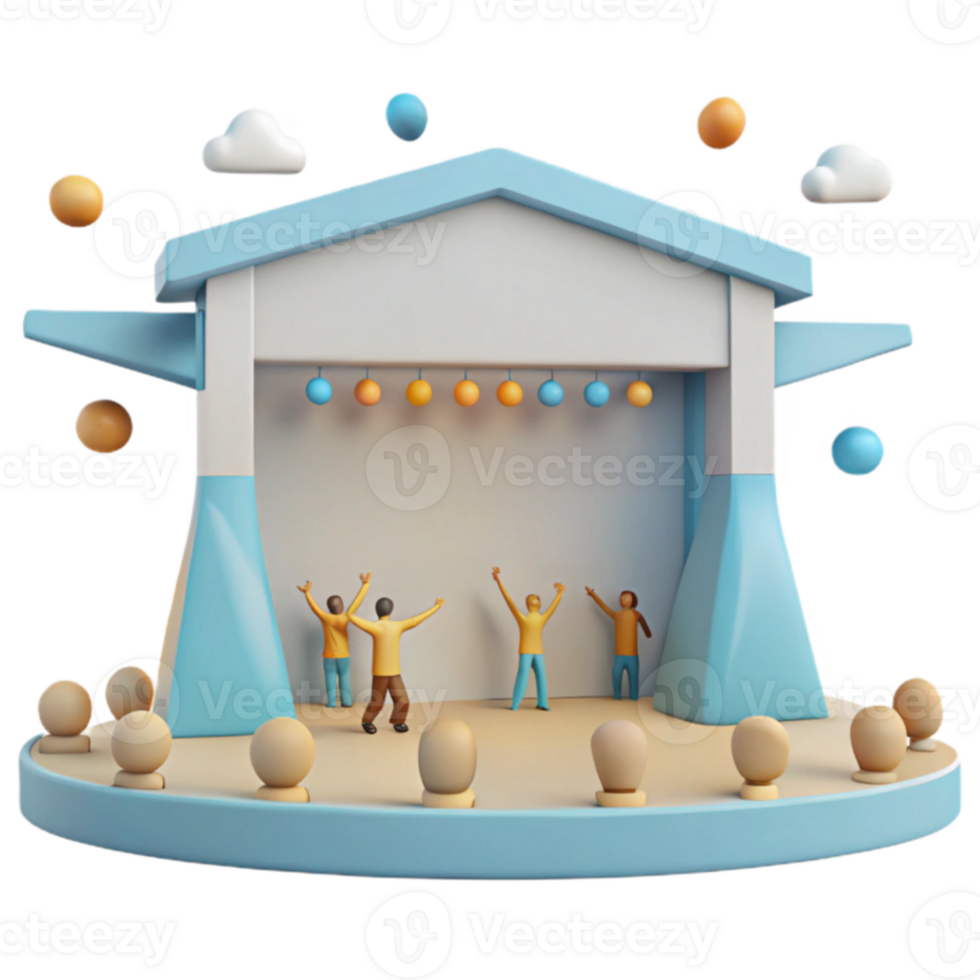 3D Stage with Dancing Figures and Floating Balls png