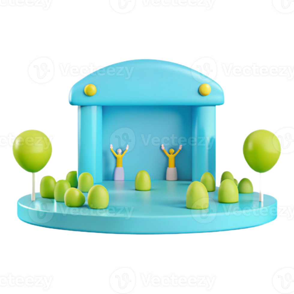 3D Render of Stage with Two Figures and Trees png