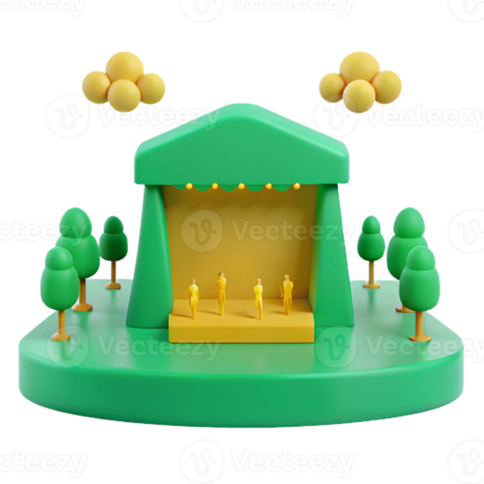 3D Render of a Stage with a Green Canopy, Yellow Platform, and Tiny People png