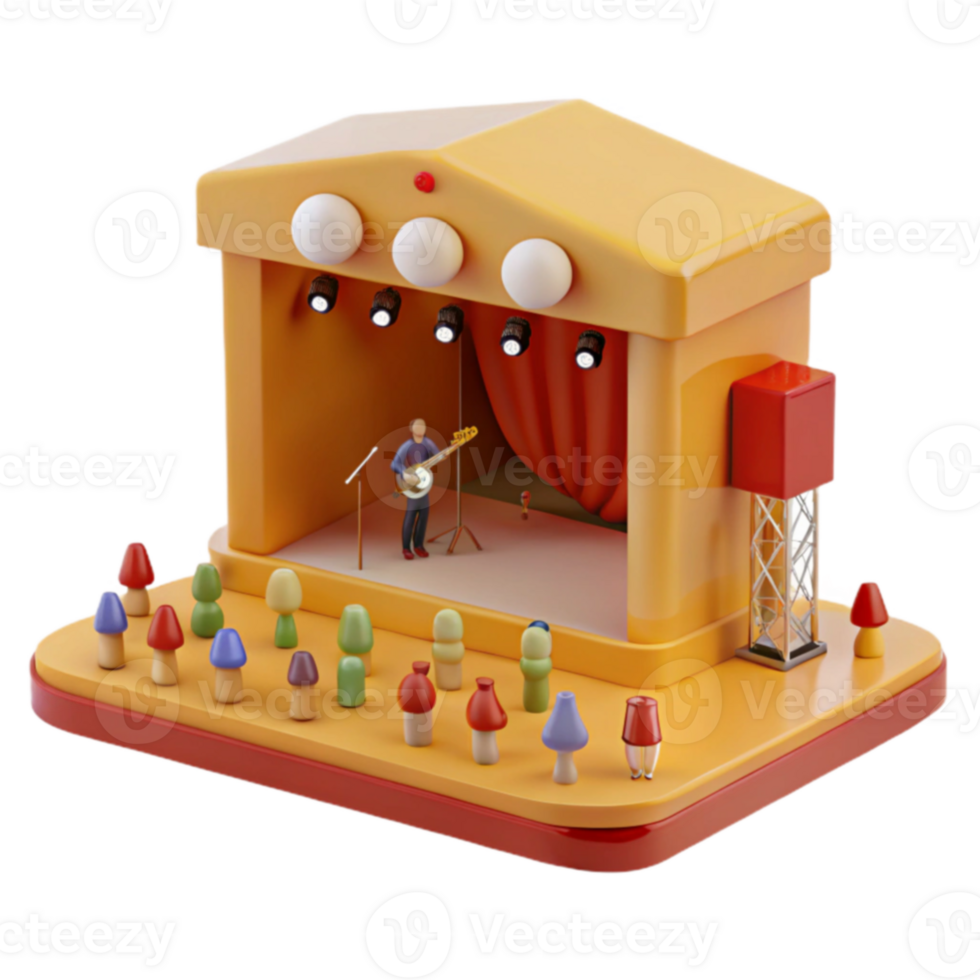3D Illustration of a Miniature Stage with a Musician and Audience png