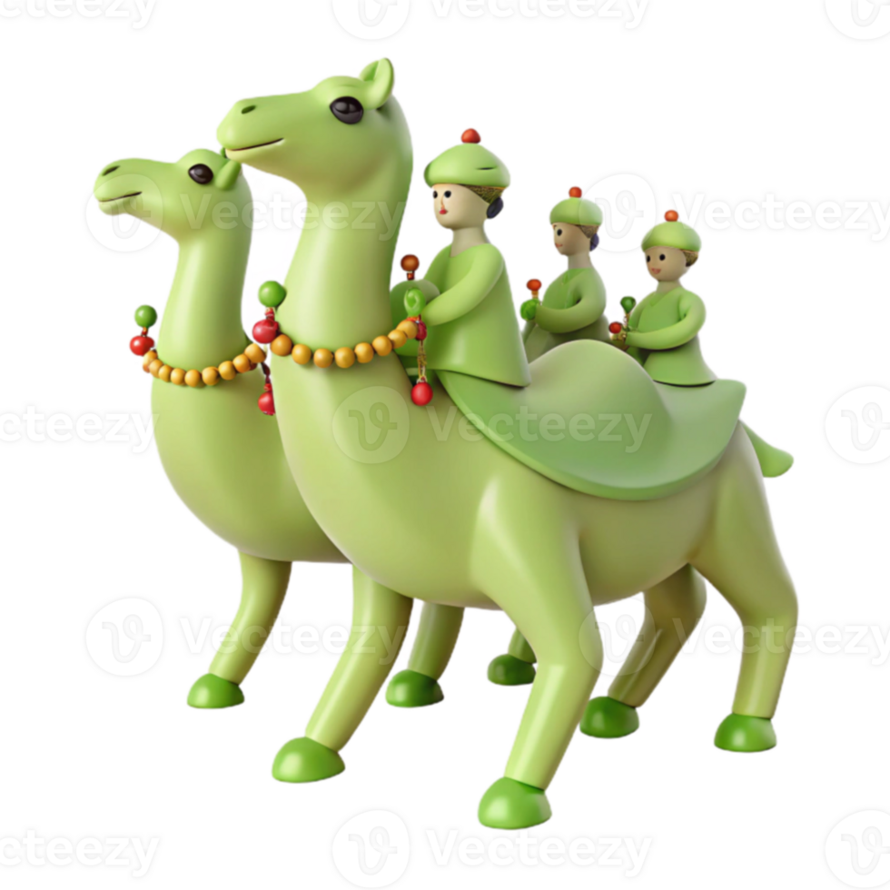 Three Toy Figures Riding Green Camels png